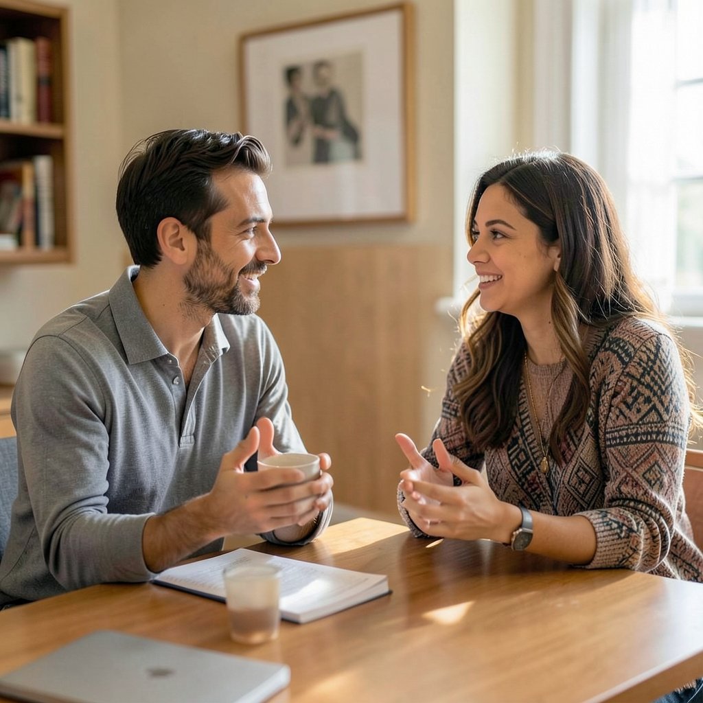 Conversation intime entre deux personnes démontrant l'écoute active et la connexion émotionnelle